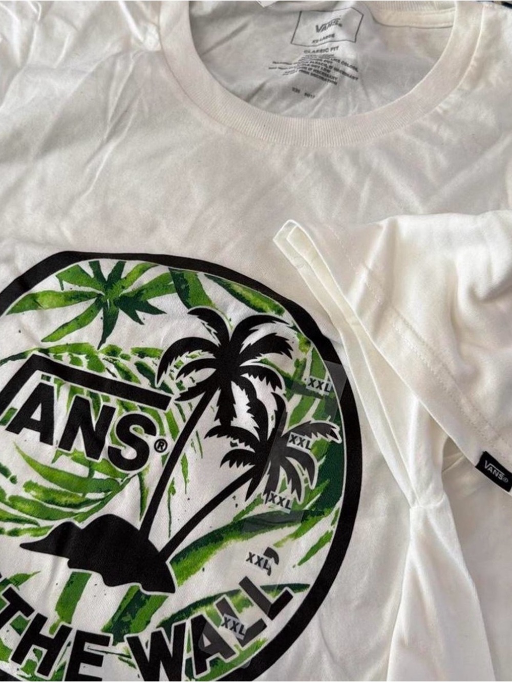 Vans White Short Sleeve Tee with Black and Green Palm Logo